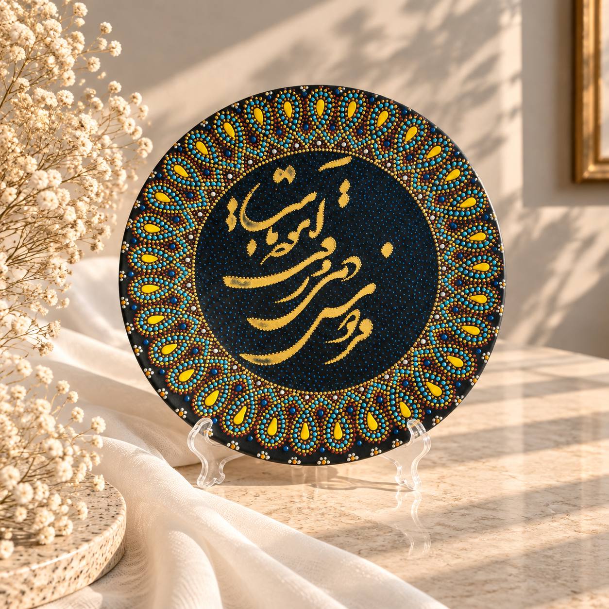 بشقاب سفالی دکوراتیو نقطه کوب طرح نوشته
