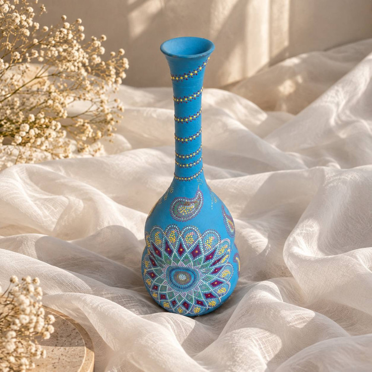 گلدان سفالی دکوراتیو نقطه کوب رنگ آبی